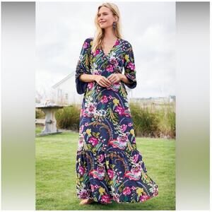 Soft Surroundings Womens Faux Wrap Maxi Dress Navy Blue Floral Size PS Small